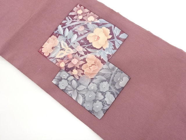 縮緬地色紙に草花模様名古屋帯